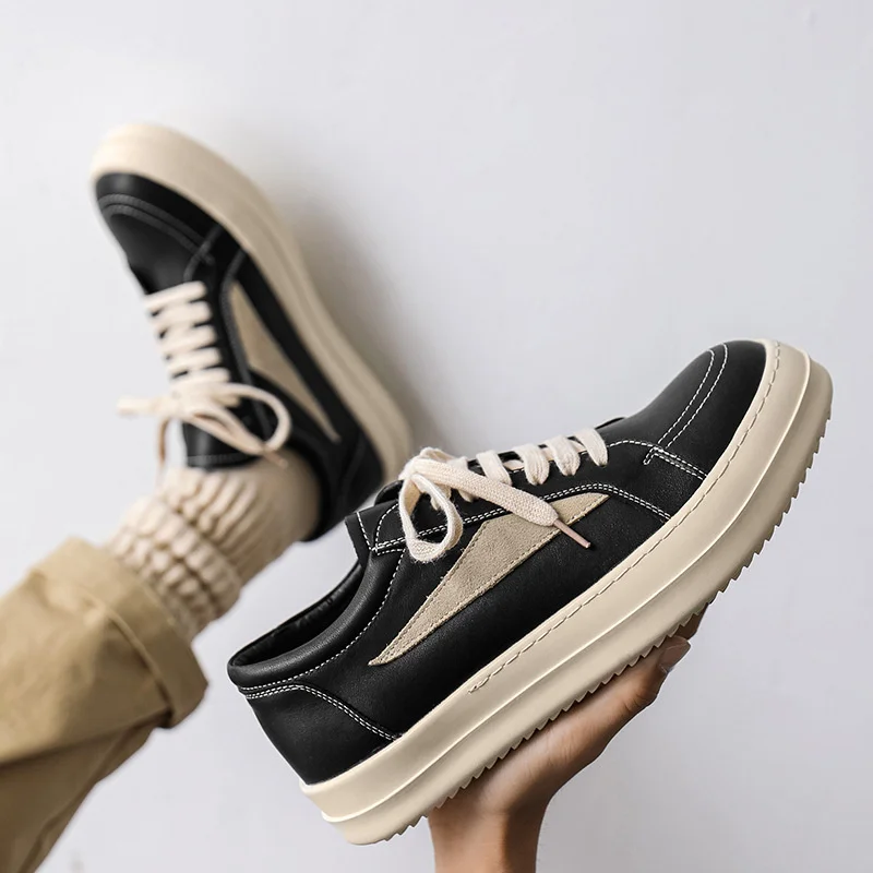 New Leather Student Couple Shoes Flat Black Fashion Trend All-match Casual Thick Baseplate Sneakers Comfort Lace-up Trainers