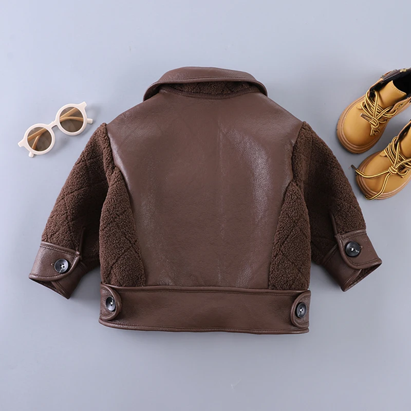 Winter Kids Boys Thicken Jackets For Boys Coats PU Maillard Plush Splicing Jackets Toddler Children Outerwear Baby SnowCoat