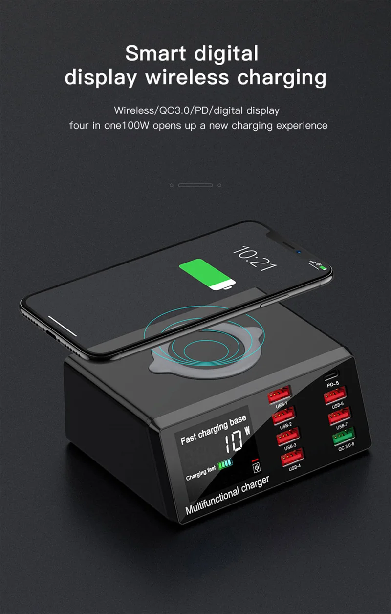 100W 8 ports Quick Charger, Fast Charging Station For for all Smart Devices, Multi-Interface Wireless Charger