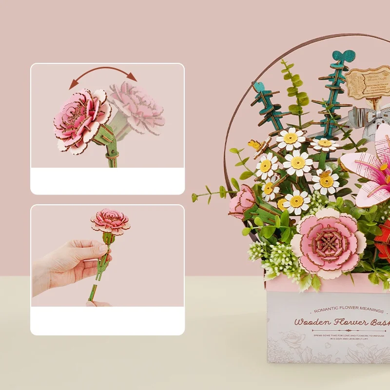로보타임 3D 퍼즐 꽃 나무 모형 키트 DIY 나무 퍼즐 꽃다발 꽃 모형 키트 수공예 조립 세트