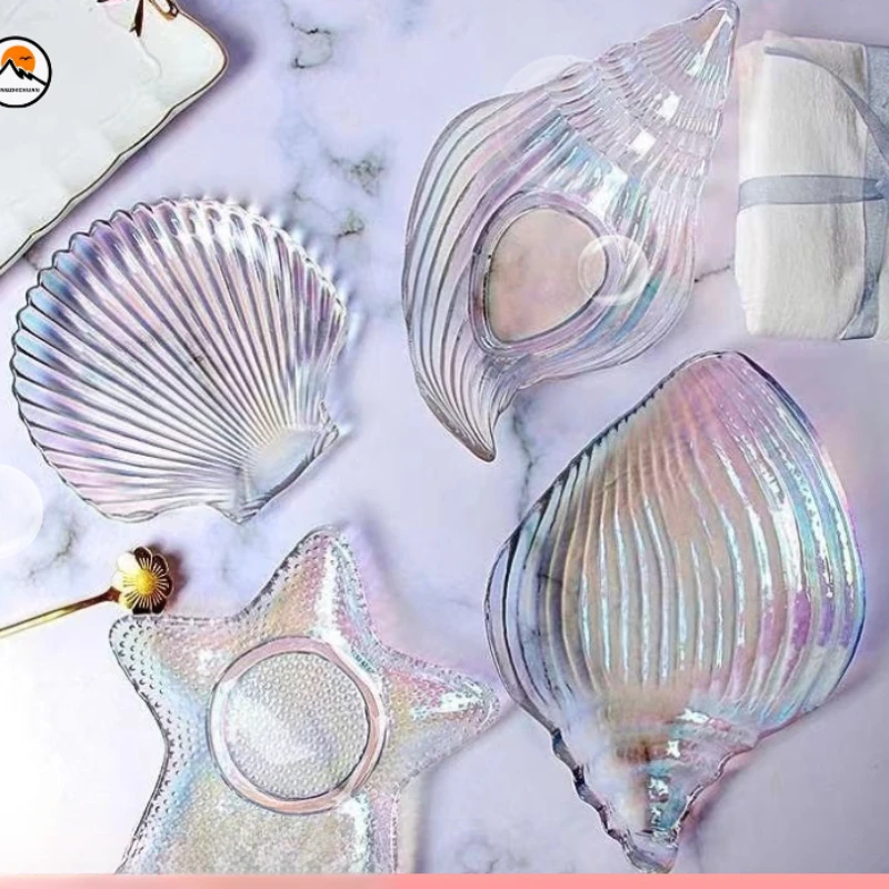Ocean Glass Meal Plate Irregular Dessert Salad Dried Fruit Snack Decoration Sea Snail Sea Star Shell