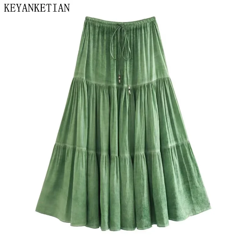 

KEYANKETIAN Fall New Layered Patchwork Green Tie-Dye Printed Skirt Women Vintage Beaded Stretch Waist A-Line Ankle-Length Skirt