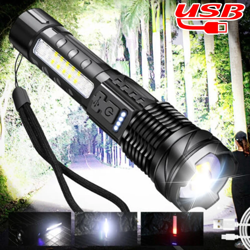 

High Bright LED Flashlight Zoomable USB Rechargeable Torch with Side COB Light Built In Battery 7 Modes Waterproof Camping Light