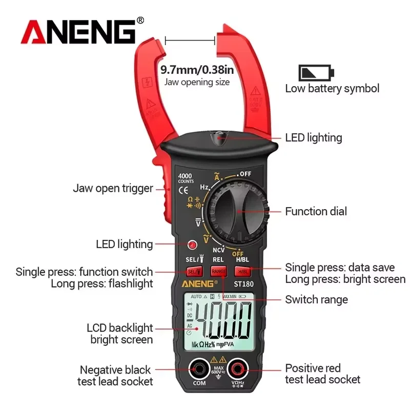 ANENG ST180 4000 Counts Digital Clamp Meter AC Current Multimeter Ammeter Voltage Tester Car Amp Hz Capacitance NCV Ohm Tool 1pc 5