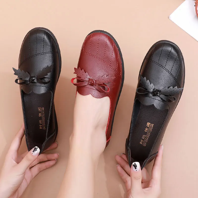 Women Flats Shoes Casual Leather Loafers Fashion Bowtie Mother Shoes Soft Moccasins Flats Non-slip Footwear Woman Shoes