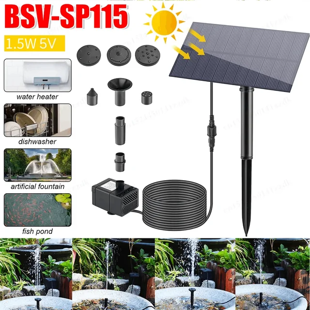 Mini pompe solaire 1,5W 5V avec kit de panneau solaire pour fontaine de jardin, piscine, fontaine intérieure, abreuvoir pour oiseaux, extérieur 1