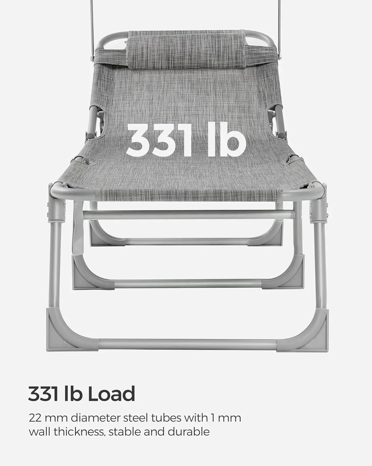 Sun Lounger. Folding Chaise Lounge Chair. Canopy. 76x20.9x11.4". 330lb Capacity. Headrest. Adjustable Backrest. Greige. GCB19T.