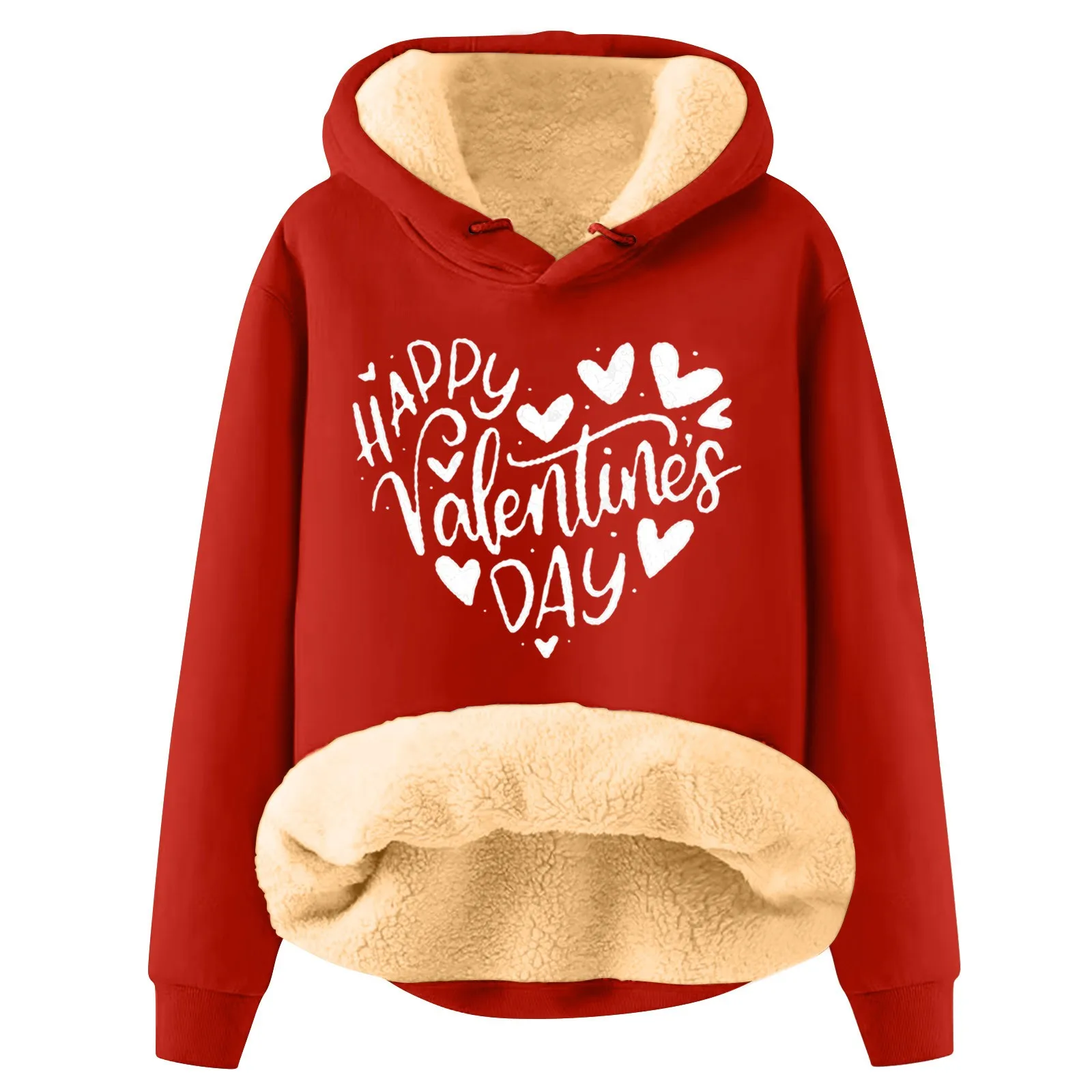 

Women Solid Color Hoody Valentine'S Day Love Printed Hoodie Loose Warm Plush Pullover Casual Lamb Fleece Inner Daily Sweatshirts