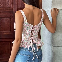 Corset à lacets rose imprimé floral avec bretelles en coton à volants et taille plissée pour femme Printemps-Été 2026 4