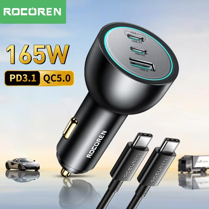 Rocoren 165W Car Charger PD 3.1 140W Fast Charge QC USB Type C Car Phone Charger Quick Charging For iPhone 16 Pro iPad Xiaomi mi