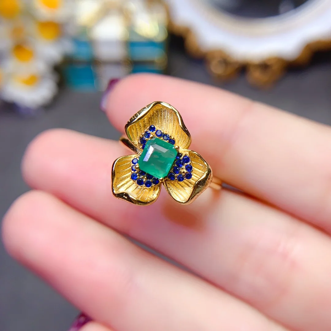 

FS 4mm Natural Square Emerald Flowers Ring S925 Silver for Women Fine Charm Weddings Jewelry Certificate MeiBaPJ Free Shipping