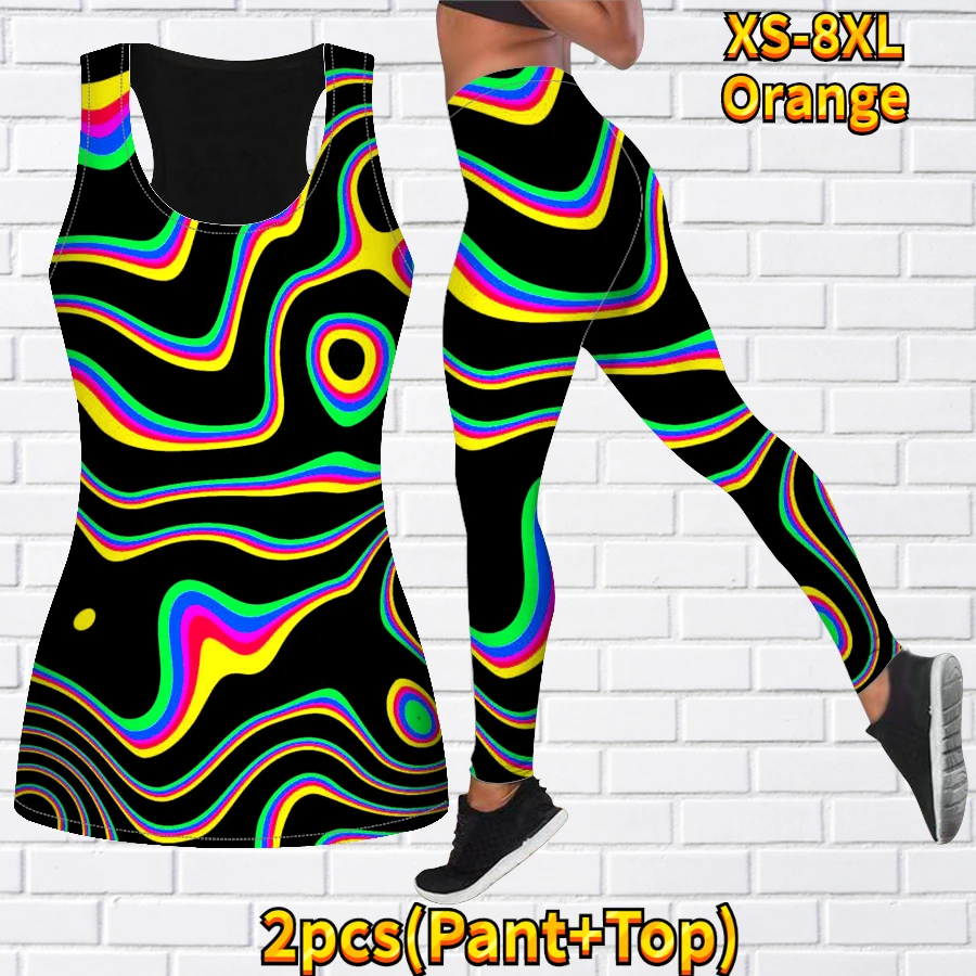 Yoga Fitness Rainbow Wave Print Set Women\'s Sports Tights Sports Underwear Set High Waist Pants Women\'s Sports Wear XS-8XL