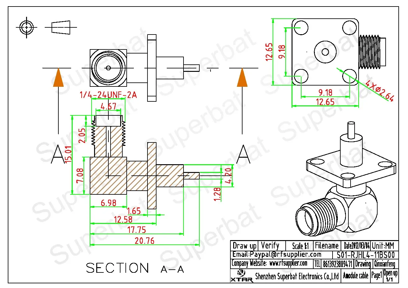 Female Right Angle SMA RF Coaxial Connector for Panel Mount