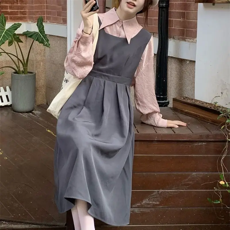 

Sweet Japanese New Academy Style Loose Blouse Small Fresh Super Immortal Strap Dress Set for Women