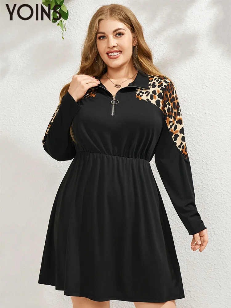 

YOINS Women Plus Size Dress 2023 Autumn Leopard Print Zip Front Long Sleeve Vestidos A-line Sundress Lapel Collar Dresses 4XL