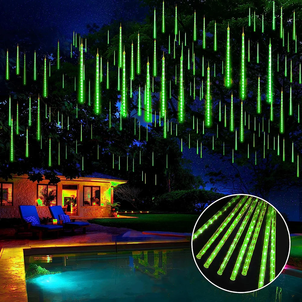 thumbnail image 1 of Luces de lluvia de meteoritos, 50 cm, 8 tubos, luces navideñas para exteriores, luces de gota de lluvia, decoración navideña para bodas, fiestas, árboles, 1 of 5