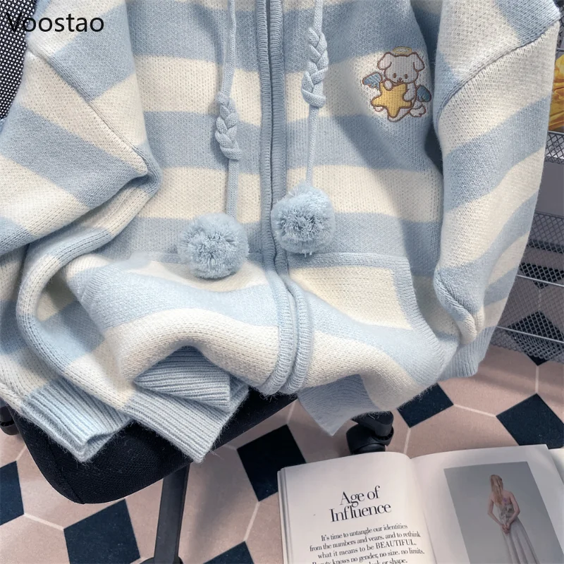 Spring Autumn Casual Cartoon Embroidery Striped Hooded Sweater Women Sweet Knitted Cardigan Coat Japanese Girls Loose Knitwear 5