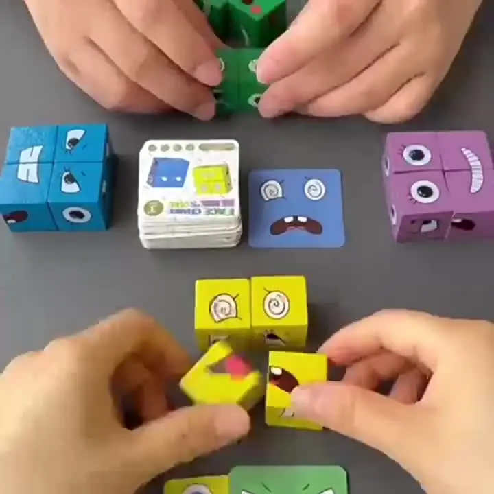Zalati Puzzle Cubes – 16 Holzwürfel & 64 Emoji-Karten, Lernspielzeug Ab 3 Jahre, Montessori-inspiriert