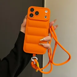 Stylish Down Jacket Crossbody Phone Case with Long Strap - Solid Color Cover - iPhone 15 Plus (Orange)