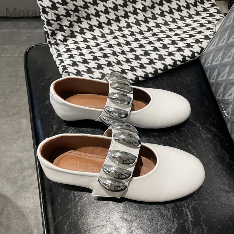 Metal Decor Flats Ballet Shoes for Women Round Toe Loafers Leather Single Shoes Daily Outdoor Roman Rhinestone Casual Shoes