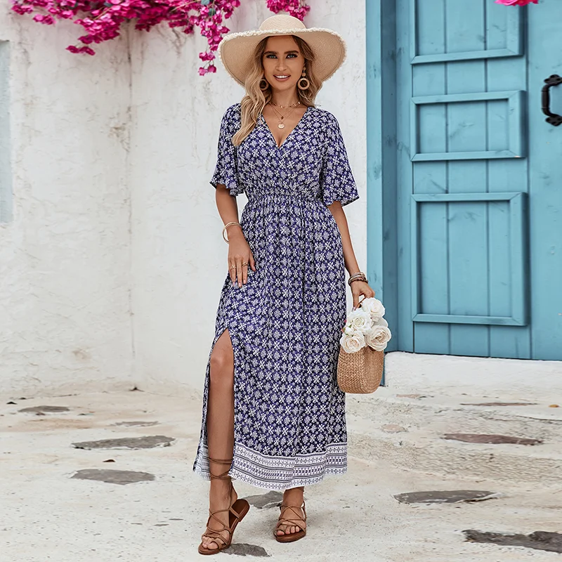 

2024 Spring Summer Elegant Women's Casual Dress Boho Floral Print Long Dresses Female Sexy V-neck Beach Split Ladies Clothes
