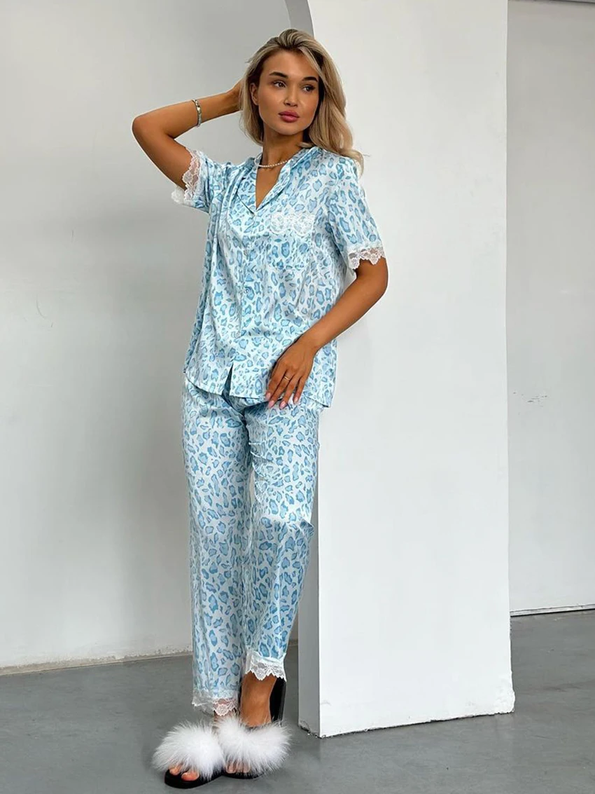 Marthaqiqi Lace Female Pajama Suit Sexy Turn-Down Collar Sleepwear Short Sleeve Nightwear Pants Casual Women Nightie 2 Piece Set