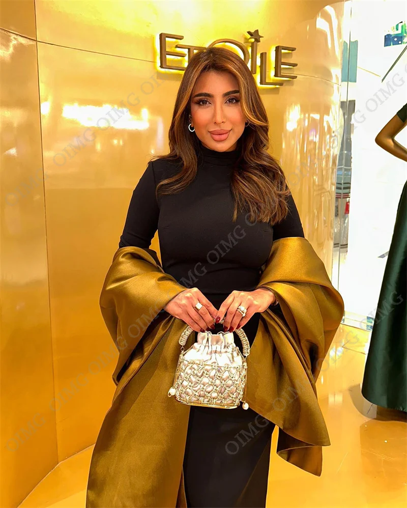 OIMG Black Satin High Neck Long Evening Dress Formal Full Sleeves Long Prom Dress For Women Saudi Arabia Vestido Prom Gowns