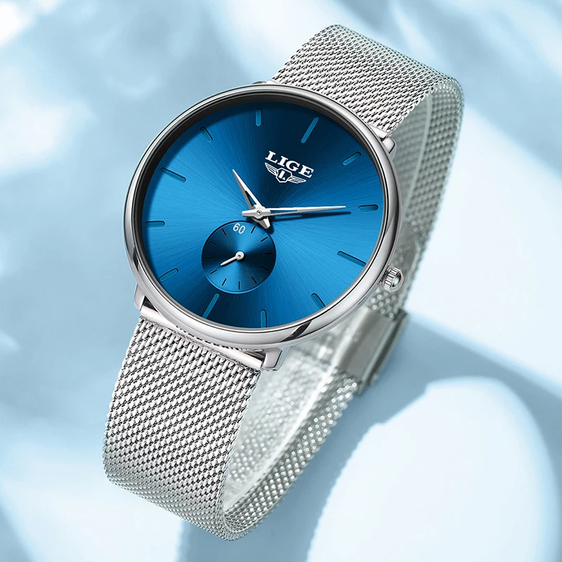 LIGE Women's Quartz Wristwatches Simple Ultra Thin Mesh Round Watch Women Waterproof Bracelet Watch Gift For Women Montre Femme