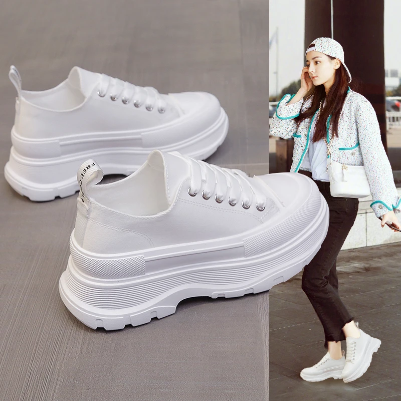 Canvas Shoes Woman Lace-Up Short Platform Boots Ankle Sneakers Girls Street Height Increase Shoes Canvas Breathable Chunky Outdo