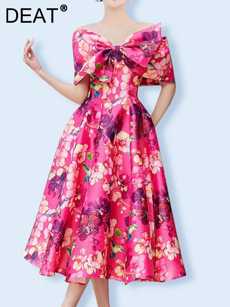 

DEAT Fashion Women Print Dress Offer Shoulder Half Sleeve Big Bow Lower Waist Middle Length Dresses Spring 2024 New Tide 7AB1604