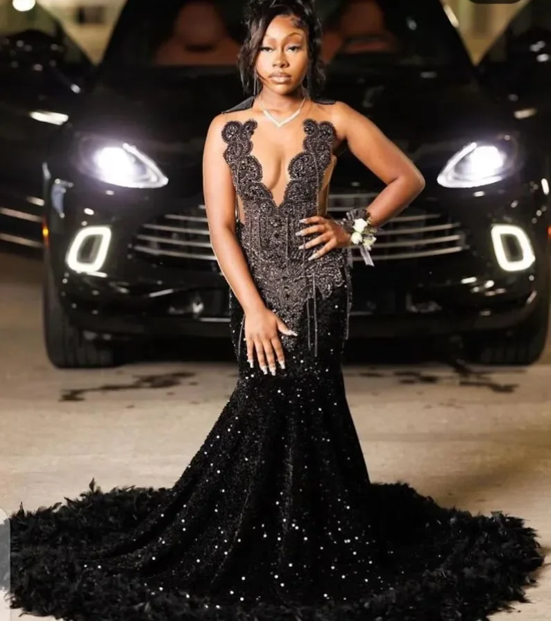 Sequins Long Prom Dresses For Black Girls Sparkly Beaded Birthday Party Dresses African Evening Gown Robe De Customized