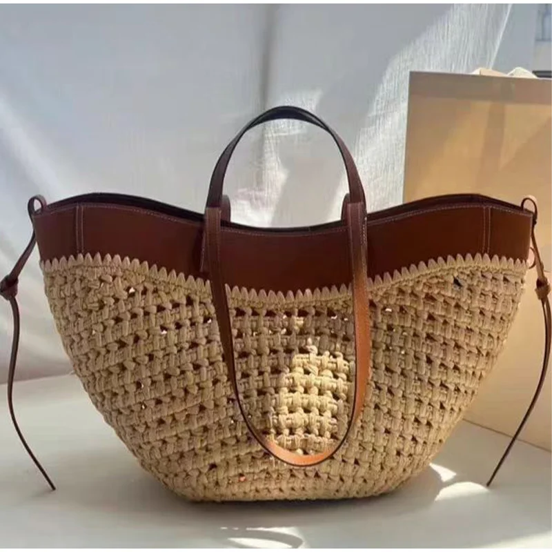 Borsa a tracolla in paglia intrecciata, popolare con manici lunghi e corti, colore abbinato all'ascella, borsa a secchiello da donna._voghion.com