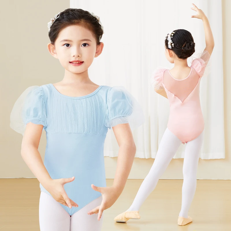 Girl's Ballet Leotard Puff Sleeve Kids Dance Leotard Shirring Mesh