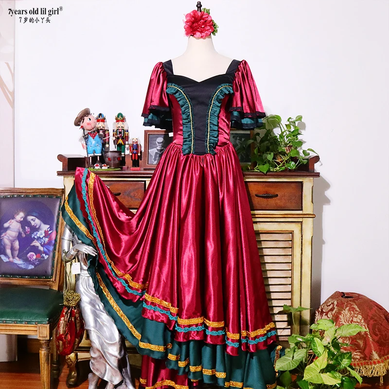 

7years Old Lil Girl 2022 New Spanish Flamenco Dance Dress Practice Skirt Wear Women ENE06