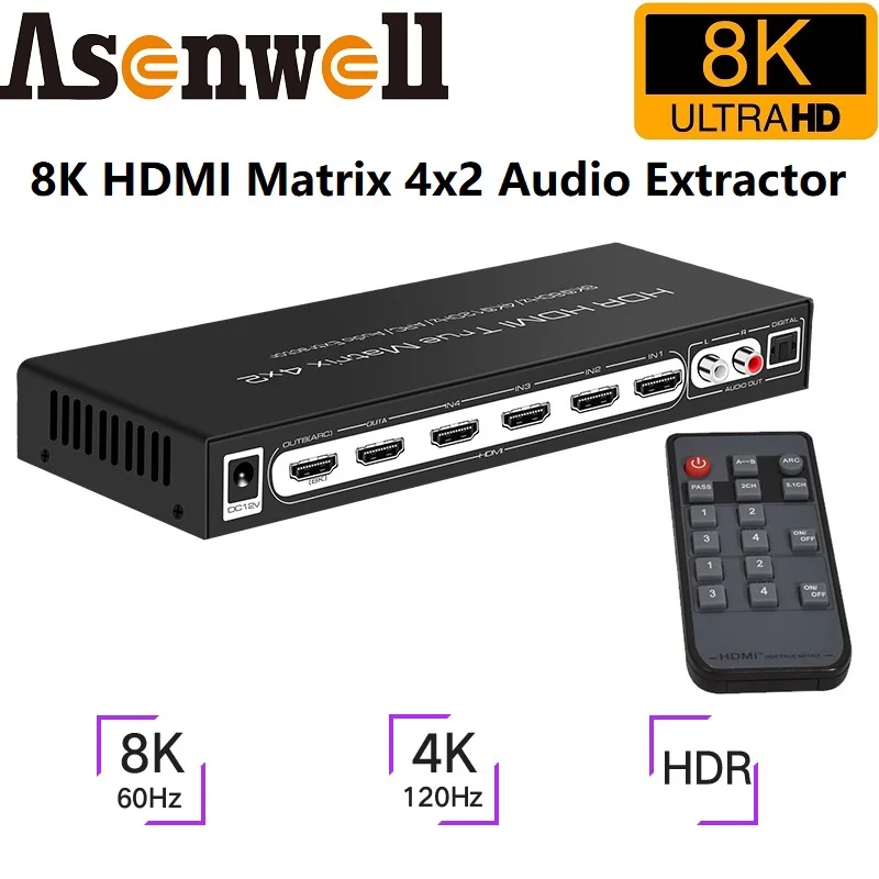 

8K 60Hz HDR10+ UHD HDMI Matrix 4x2 Dolby Version HLG CEC ARC 7680x4320P HDMI Splitter Switch 4 In 2 4K120Hz VRR Support PS5 XBOX