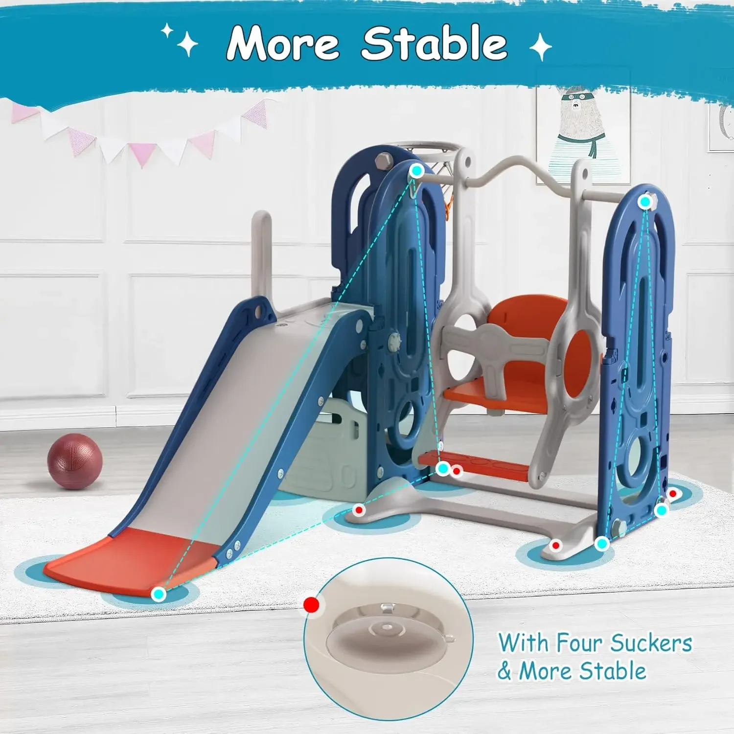 5 in 1 Toddler Slide, Swing and Slide for Toddlers Age 1-3 with Basketball Hoop and Basketball, Slide for Kids, Indoor Outdoor B