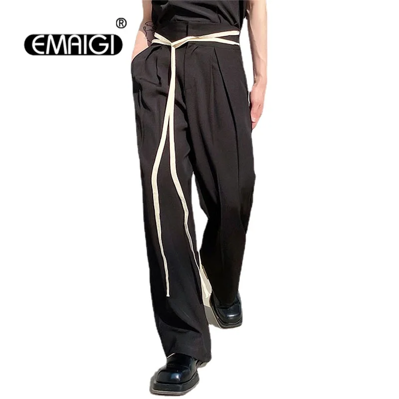 

Men Japan Streetwear Waist Rope Straight Loose Casual Wide Leg Pant Male Korea Fashion Vintage Long Suit Trousers Pant for Men