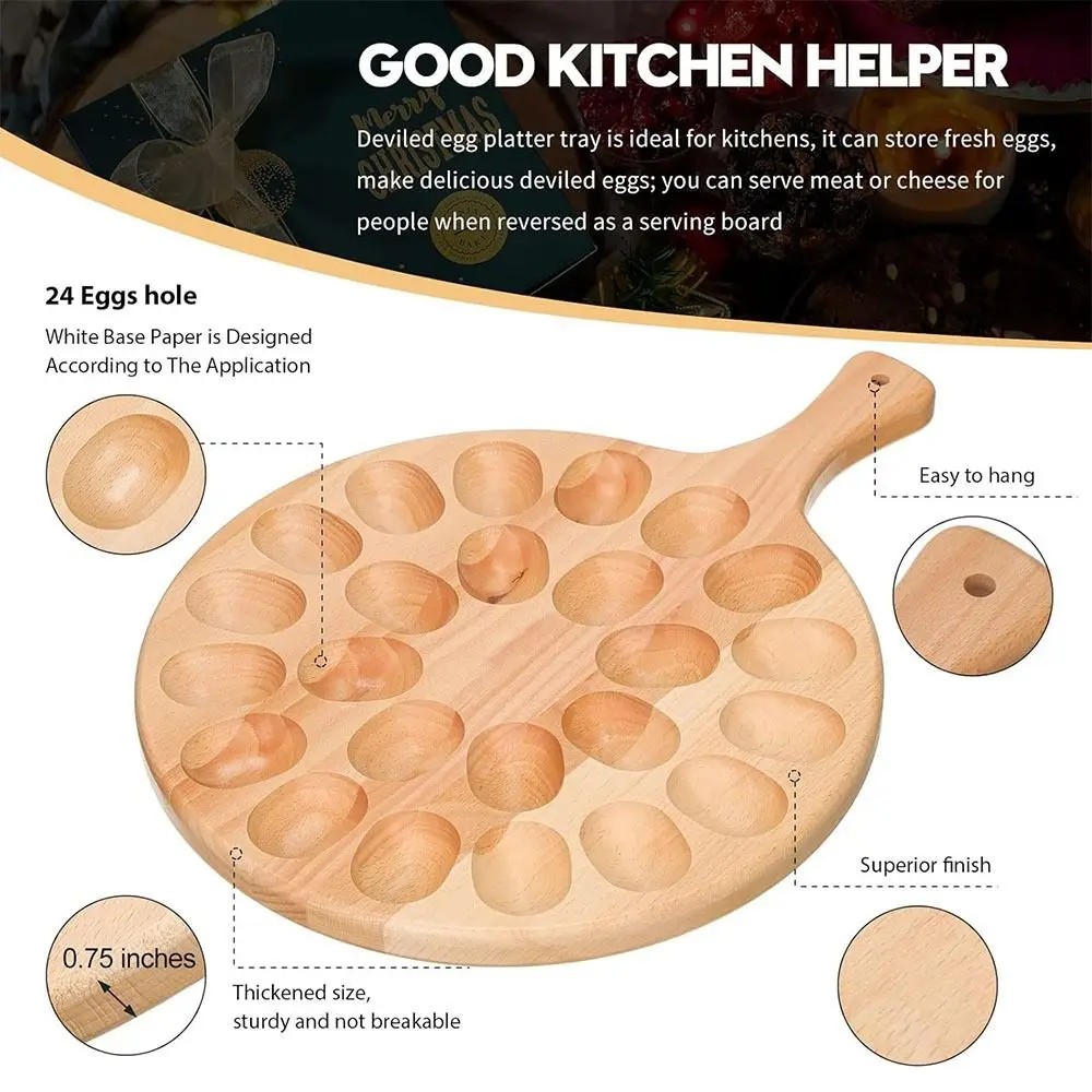 

24 Holes Deviled Egg Platter Durable Round Wooden Deviled Egg Carrier with Handle Deviled Egg Containers Holder Home