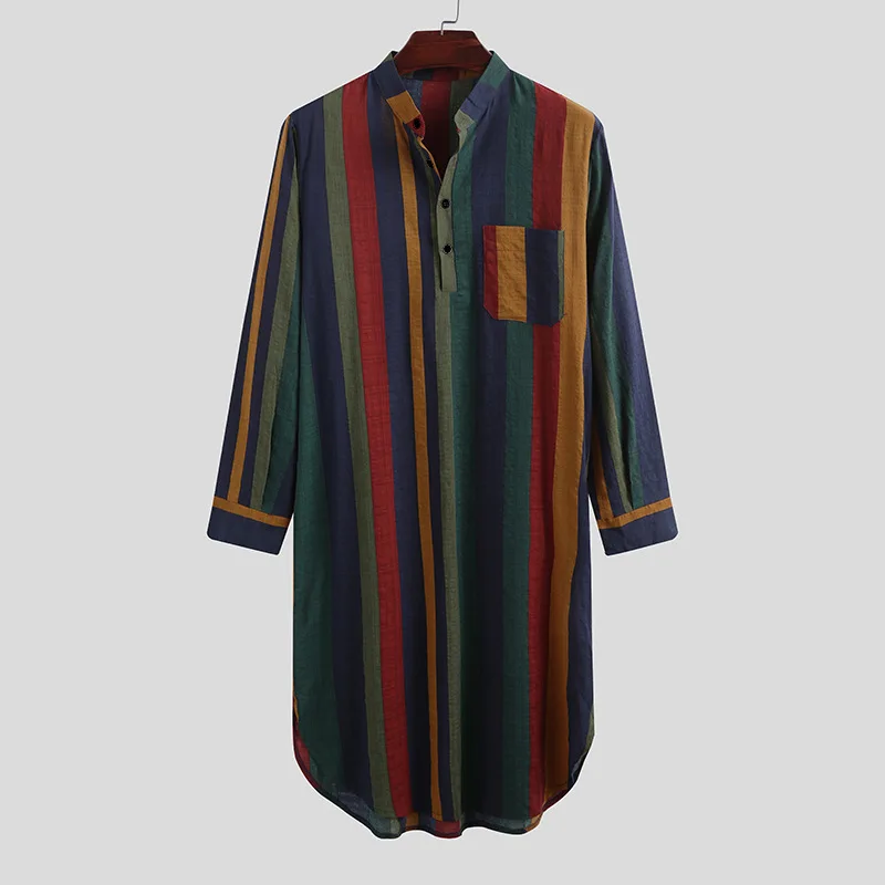 Men Long Shirts Muslim Striped Robe Arabic Islamic Kurtas Moroccan Dress Casual Cotton Tunics Male Abayas Ropa Islamica Hombre - Image 2
