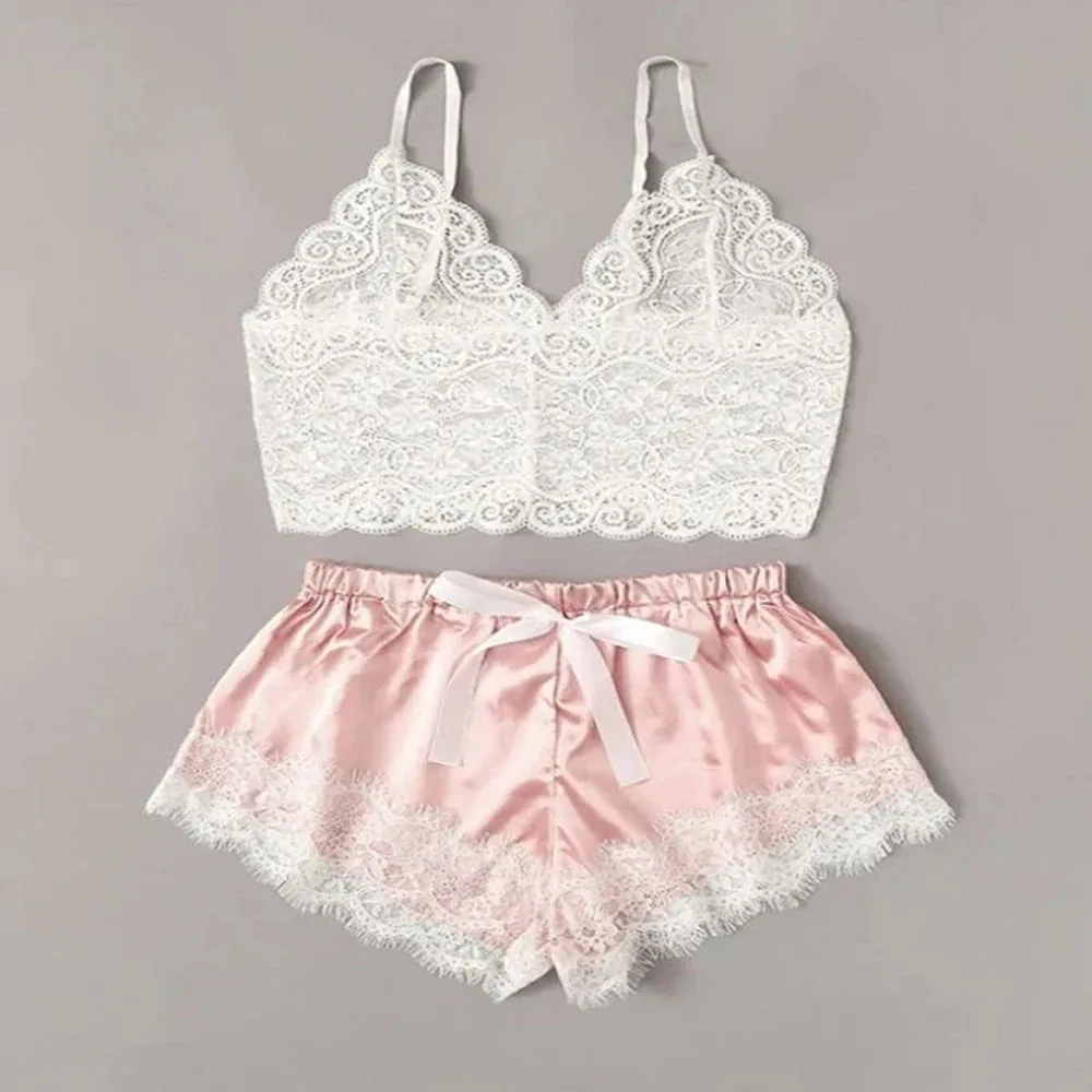 Sexy Lace Silk Sleepwear Two Piece Set of Suspender Shorts for Women Pajamas Set Lingerie Crop Tops Shorts Nightwear women pajamas set,women pajama suit,women silk underwear set