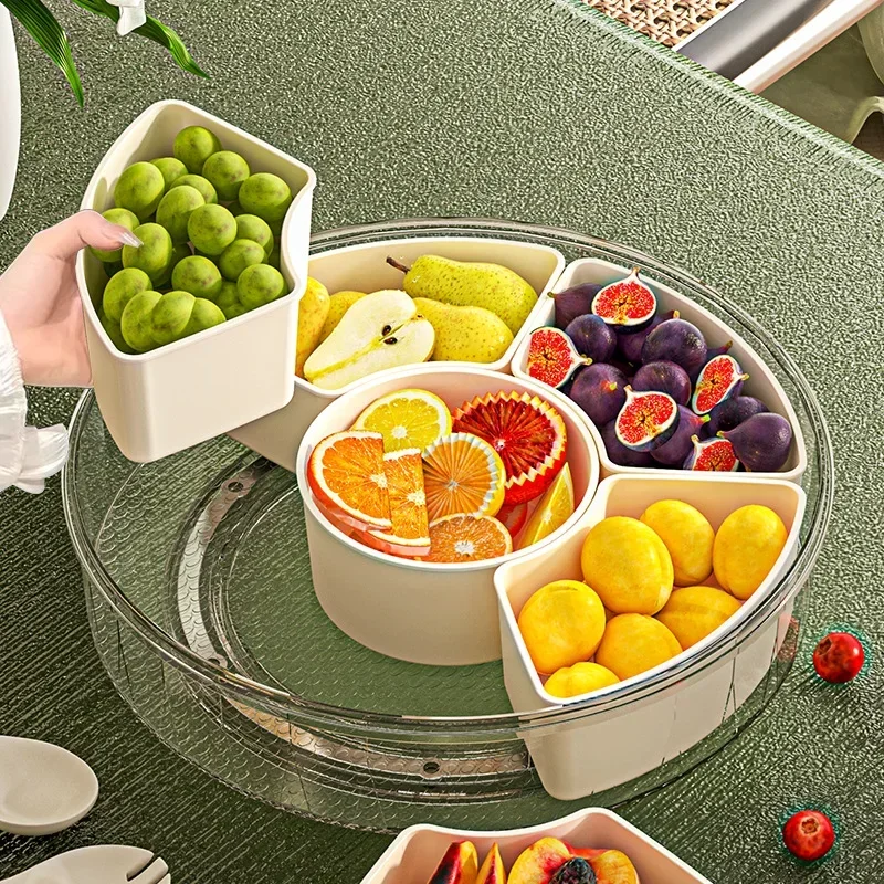 Six Point Rotating Fruit Tray with Handle Sealed Moisture-proof Dried Fruit Tray Portable Household Circular Snack Box with Lid fruit plate wooden serving tray snack dish plastic serving tray