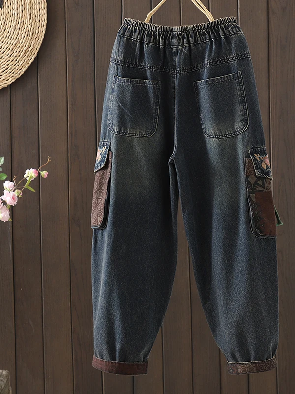 Women's Retro Embroidered Denim Harlan Pants Elastic Waist Heavy Work Cotton Blend Casual Straight Leg Trousers for Autumn