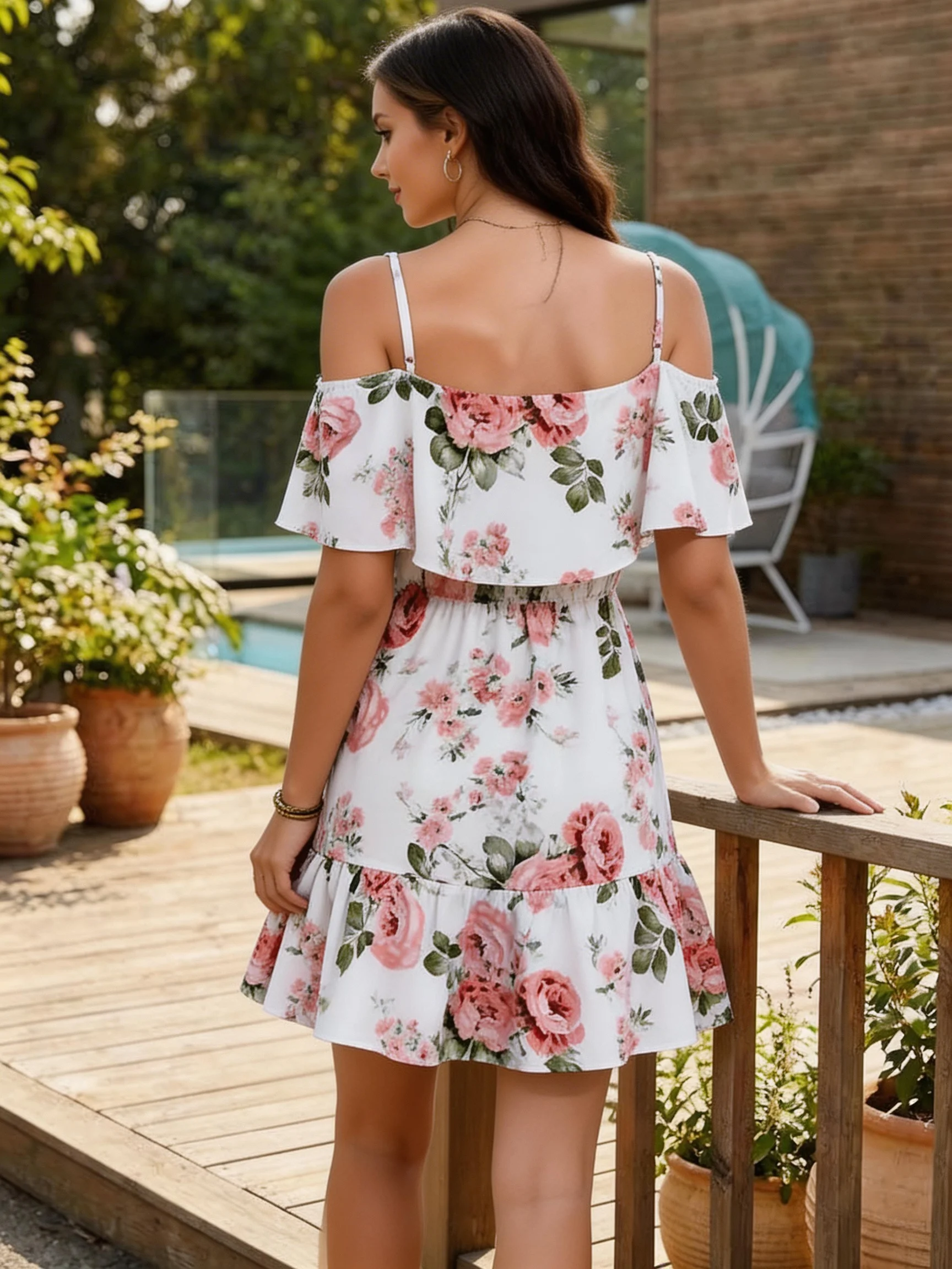 Women's European-Style Floral Print Dress Sleeveless Halter Top with Ruffled Edges Short Skirt for Summer 2