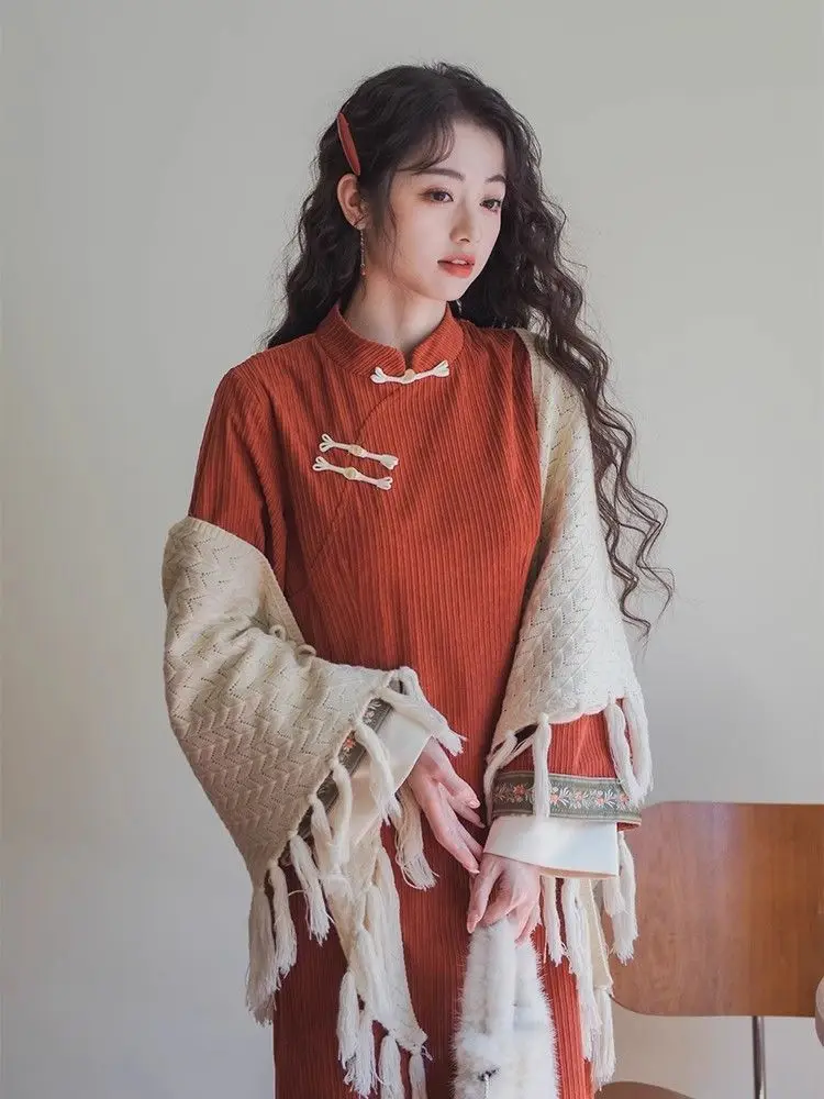 Autumn Winter Chinese Style Thickened Cheongsam Red Set Chinese Qipao Style Elegant Temperament All-Match Dress chinese dress