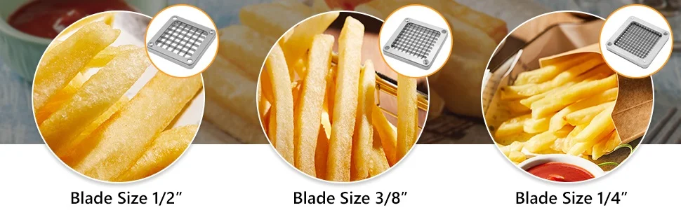 Description Picture 6 of itemCommercial Stainless Steel Potato Chipper, Fruit Vegetable Slicer, French Fries Cutter, 3 Blades, 1/4 ", 1/2", 3/8"