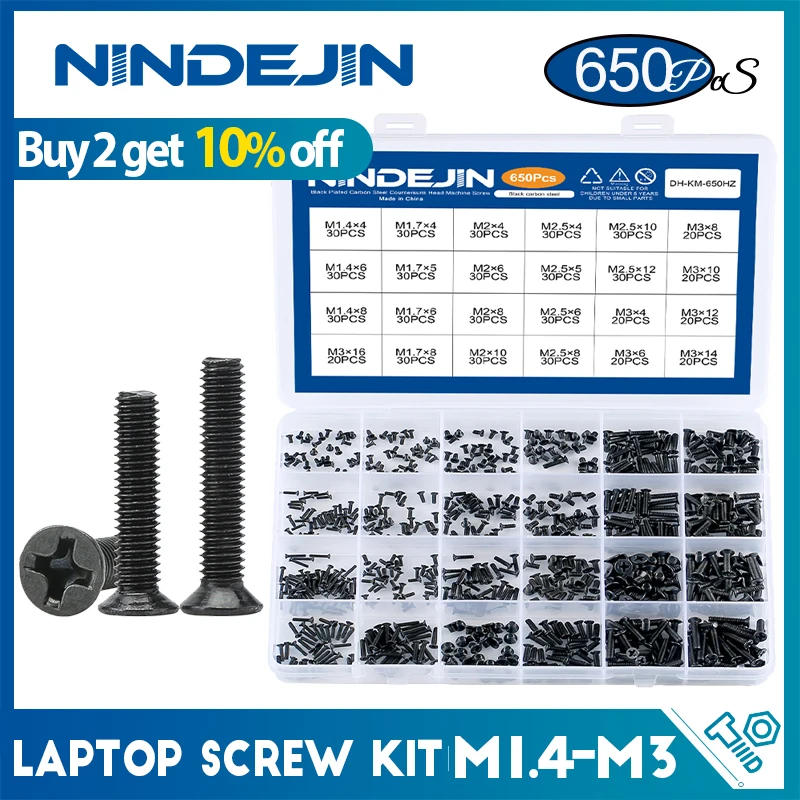 Cabeça Chata Escareado Laptop Parafusos Kit M1.4 M1.7 m2 M2.5 m3 Aço Carbono Notebook Computador Parafuso Kit para hp Lenovo 650 Pcs