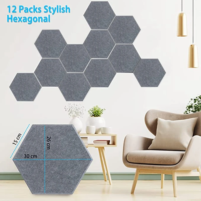 Panneau de mousse acoustique auto-adhésif hexagonal, panneaux acoustiques  gris pour studio, maison et bureau, 12 pièces