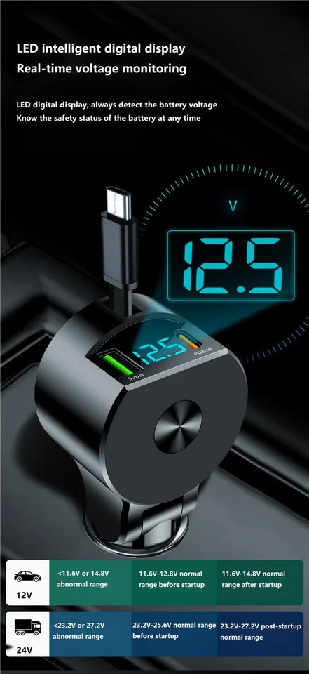 Chargeur Allume-cigare 3-en-1 Rétractable 75W - USB-C PD 30W + USB-A 22.5W + Câble Intégré, Voltmètre LED, 12-24V