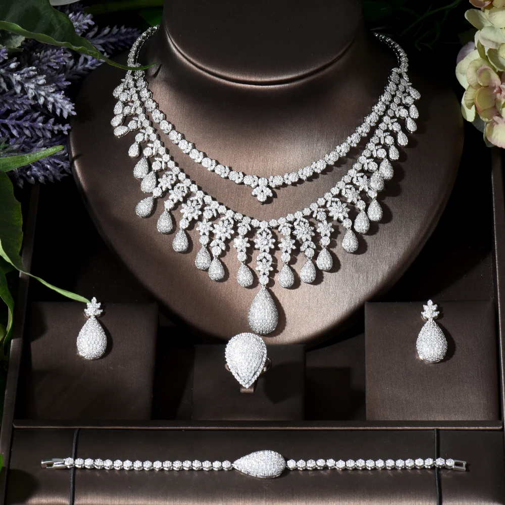 

Fashion Two Layers Water Drop 4pcs Necklace and Earring Set Cubic Zirconia Women Bridal Wedding Jewelry Set bioux femme N-895