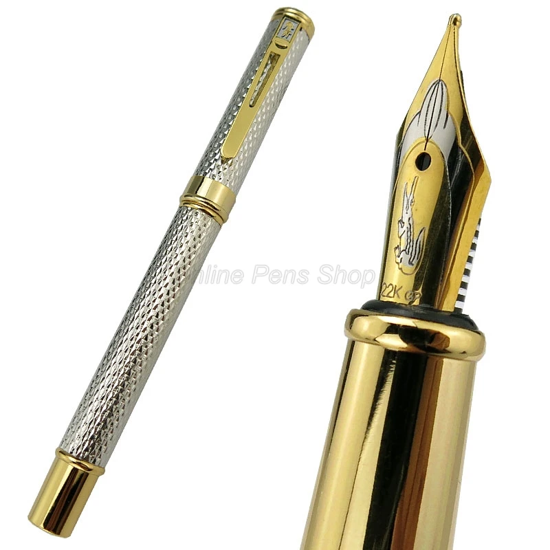 Crocodile 218 Brilliant Silver Mesh Metal Barrel Medium Nib Fountain Pen Professional Office Stationery Writing Accessory